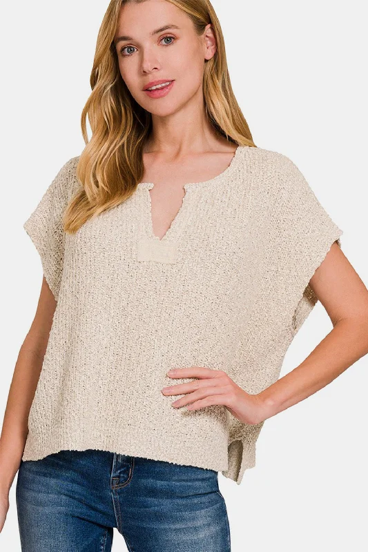 Cashmere Knit TopsZenana Short Sleeve Side Slit Sweater