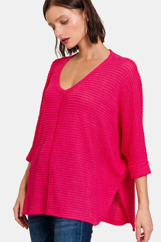 Organic Cotton Knit TopsZenana V-Neck High-Low Jacquard Knit Top