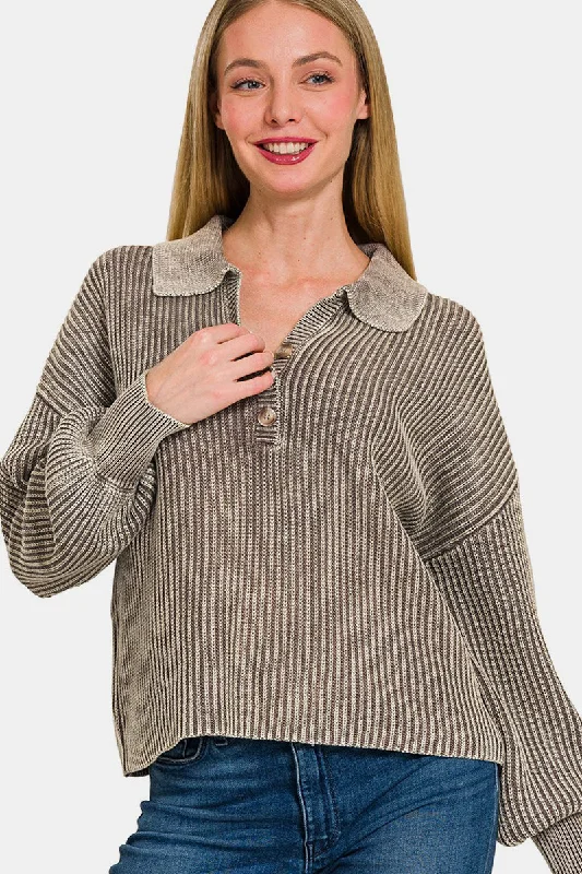 Luxury Knit TopsZenana Washed Half Button Long Sleeve Sweater