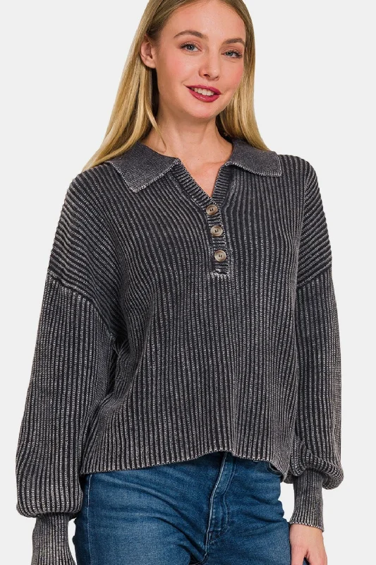 Sheer Knit TopsZenana Washed Half Button Long Sleeve Sweater